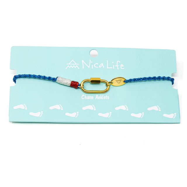 Hand braided cord anklet in nautical colors with a gold carabiner dlasp for charms shown a Nica Life branded card.