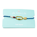 Bracelet for charms with gold carabiner clasp and colorful accents on a Nica Life branded card.