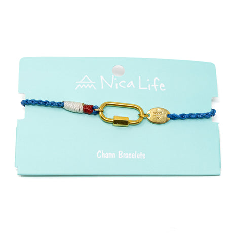 Bracelet for charms with gold carabiner clasp and colorful accents on a Nica Life branded card.