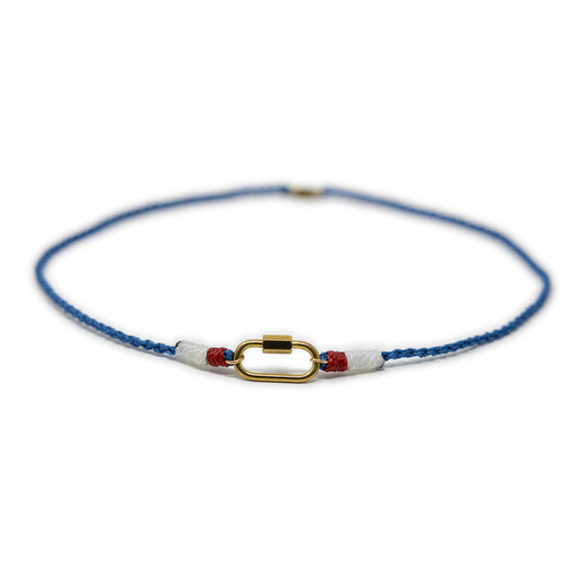 Necklace with blue, white, and red cord and gold carabiner clasp for charms on a white background from front view