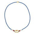 Hand braided cord necklace in blue with red & white accents featuring a gold carabiner clasp for charms shown on white