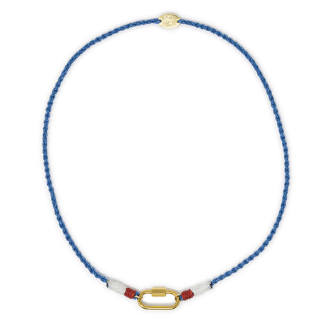 Hand braided cord necklace in blue with red & white accents featuring a gold carabiner clasp for charms shown on white