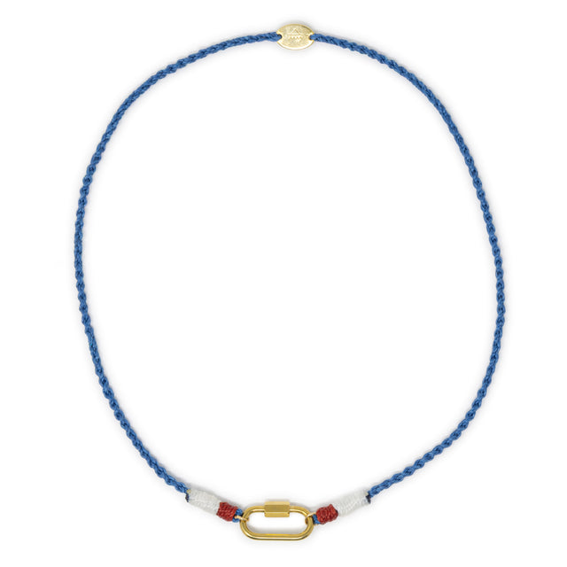 Hand braided cord necklace in blue with red & white accents featuring a gold carabiner clasp for charms shown on white