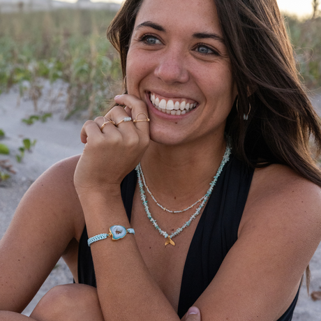 New Amazonite Necklaces & Geode Bracelet on Model on the beach