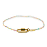 Rainbow color beaded charm bar anklet with carabiner clasps for charsm shown on white front view