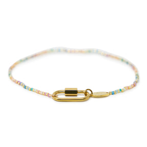 Rainbow color beaded charm bar anklet with carabiner clasps for charsm shown on white front view