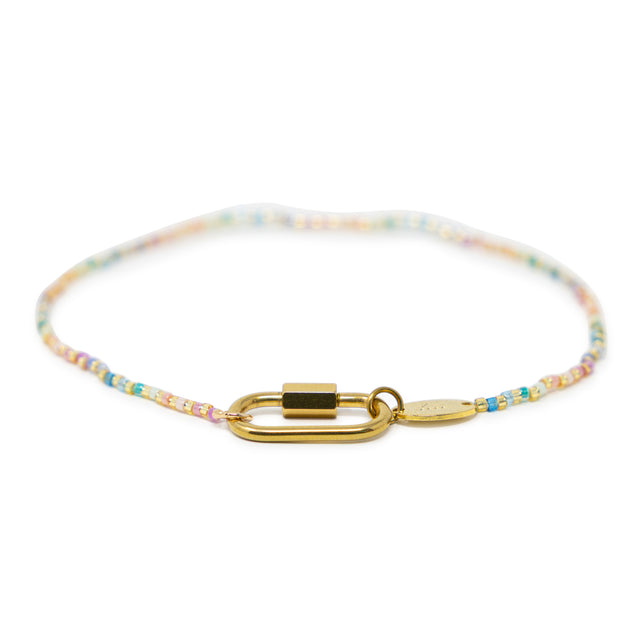 Rainbow color beaded charm bar anklet with carabiner clasps for charsm shown on white front view