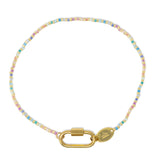 Pastel rainbow color beaded charm bar anklet with carabiner clasp for charms show on white top view