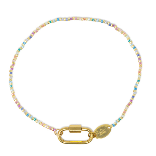 Pastel rainbow color beaded charm bar anklet with carabiner clasp for charms show on white top view
