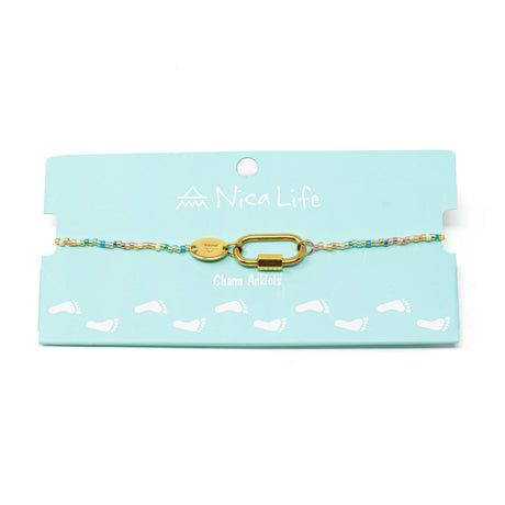Pastel rainbow color beaded charm bar anklet with carabiner clasp for charms show on teal Nica Life branded card
