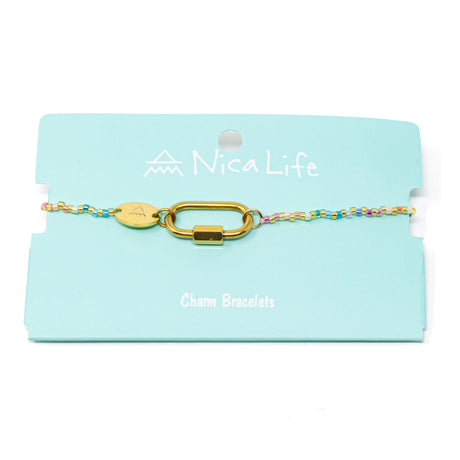 Colorful beaded charm bar bracelet with a carabiner clsap for charms on a teal Nica Life branded card