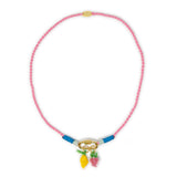 Pink hand braided rope charm necklace with lemon & strawberry beaded charms shown on white