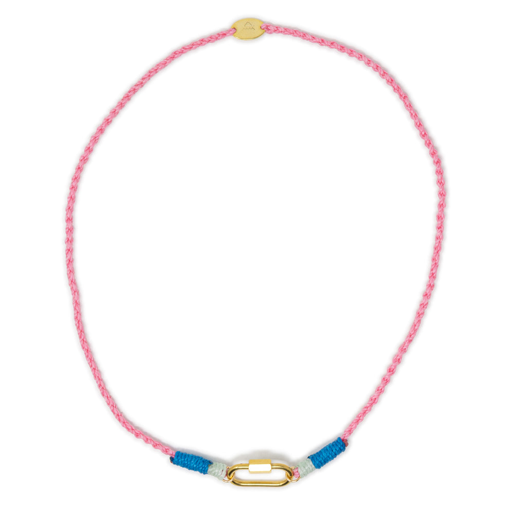 Necklace with hand braided pink and blue cord and gold carabiner clasp for charms on a white background