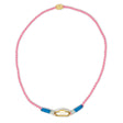 Necklace with hand braided pink and blue cord and gold carabiner clasp for charms on a white background