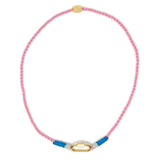 Necklace with hand braided pink and blue cord and gold carabiner clasp for charms on a white background
