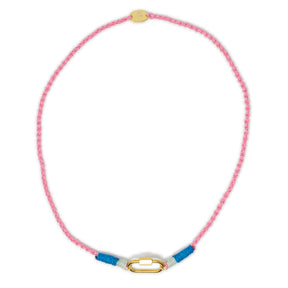Necklace with hand braided pink and blue cord and gold carabiner clasp for charms on a white background