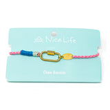 Hand braided rope charm bracelet with gold carabiner clasp and colorful cord on a Nica Life branded card