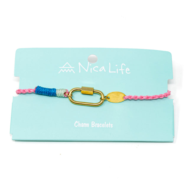 Hand braided rope charm bracelet with gold carabiner clasp and colorful cord on a Nica Life branded card