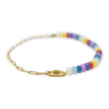 Multicolored beaded necklace with a gold carabiner clasp for charms on a white background