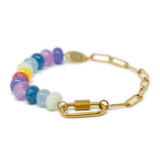 Rainbow colored stone charm bar bracelet with a carabiner clasp for charms on white front shown
