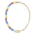 Bright colorful stone pony beads & gold chain charm necklace with carabiner clasp on white from top view