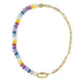 Bright colorful stone pony beads & gold chain charm necklace with carabiner clasp on white from top view