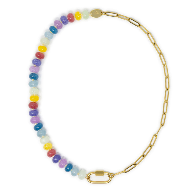 Bright colorful stone pony beads & gold chain charm necklace with carabiner clasp on white from top view