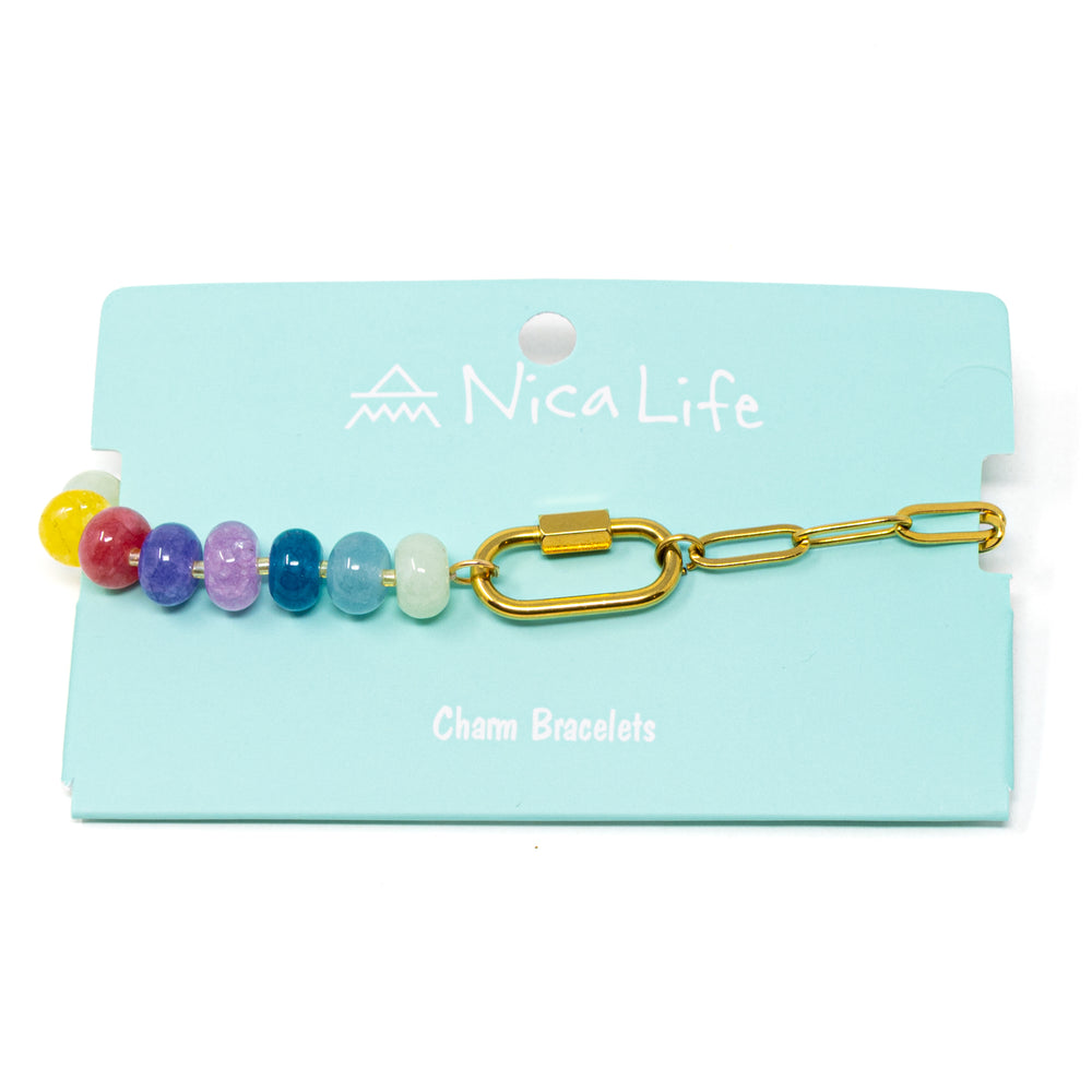 Colorful stone & chain charm bar bracelet with a carabiner clasps for charms on a teal Nica Life branded card