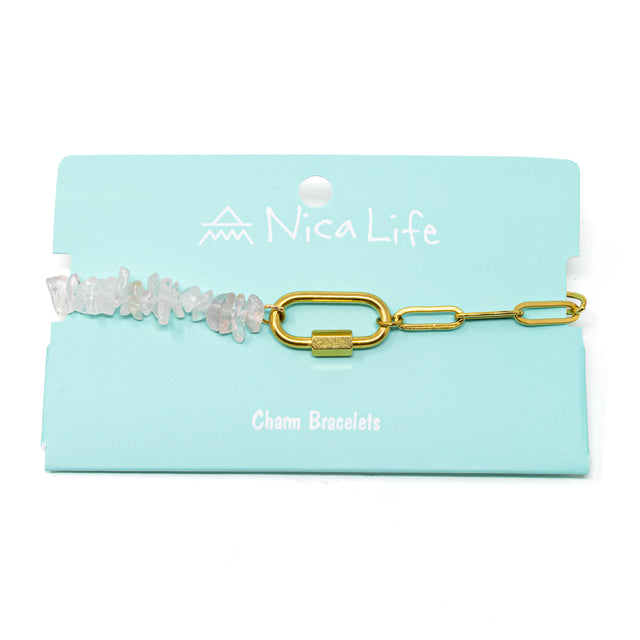 Charm bracelet with rose quartz beads and gold chain on a Nica Life branded card