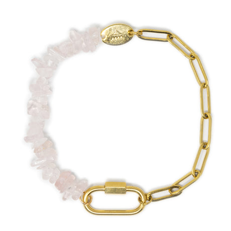 Charm  bracelet with gold chain and rose quartz stone beads on a white background
