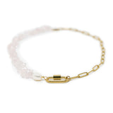 Rose Quartz & pearl necklace with a gold carabiner clasp for charms on a white background