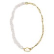 Rose Quartz & pearl charm necklace with gold carabiner clasp for charms on a white background