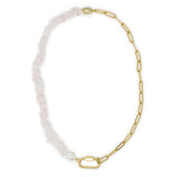 Rose Quartz & pearl charm necklace with gold carabiner clasp for charms on a white background