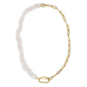 Rose Quartz & pearl charm necklace with gold carabiner clasp for charms on a white background