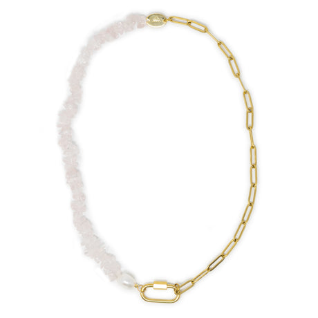 Rose Quartz & pearl charm necklace with gold carabiner clasp for charms on a white background