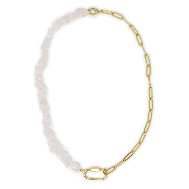 Rose Quartz & pearl charm necklace with gold carabiner clasp for charms on a white background