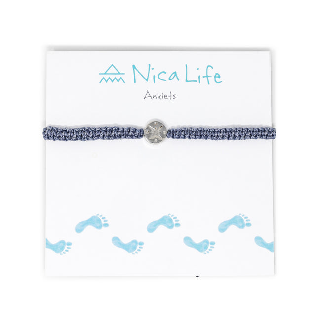 Denim Macrame & Silver Compass Charm Anklet