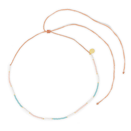 Teal & coral beaded color block surfer girl choker necklace with adjustable waterproof cord clasp on white