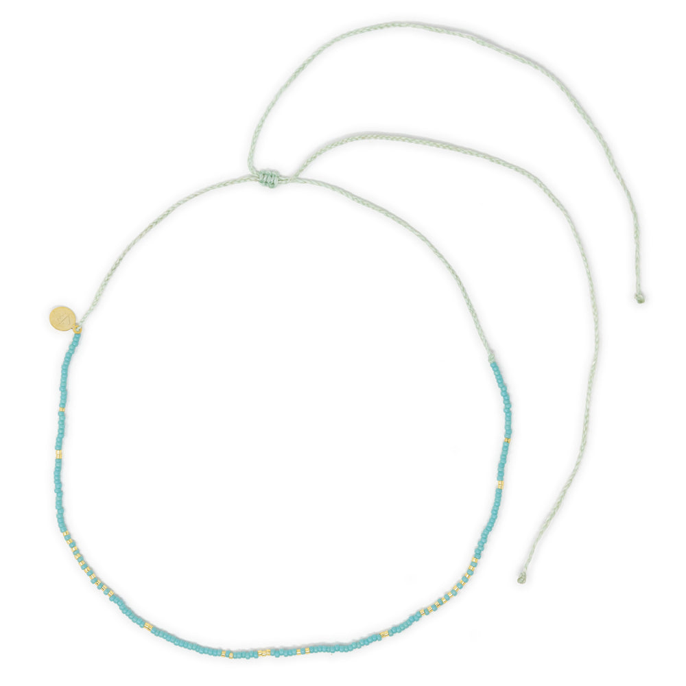 Top view of Teal & Gold Waterproof beaded surfer choker