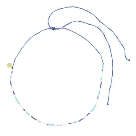 Teal navy and gold beaded surfer girl waterproof choker necklace on white with adjustable cord clasp