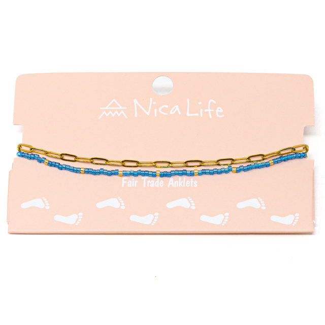 Doubled Up Anklet in Blue & Small Gold Chain