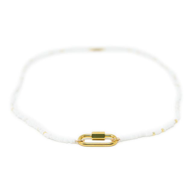 White & gold seed bead charm bar necklace with carabiner clasp for charms show on white front view