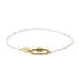 White & gold beaded charm bar anklet with carabiner clasp for charms shown on white front view