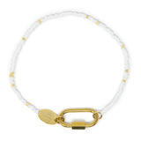 White bead charm bar bracelet with gold chain carabiner for charms on a white background
