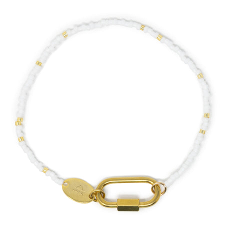 White bead charm bar bracelet with gold chain carabiner for charms on a white background
