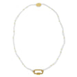 Seed bead charm bar necklace in white and gold shown on white top view