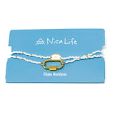 White and gold seed bead charm bar base on blue Nica Life card