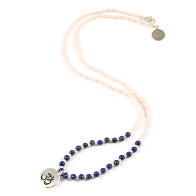 Coral w/ Blue Lapis Stone Om Charm Necklace in Silver