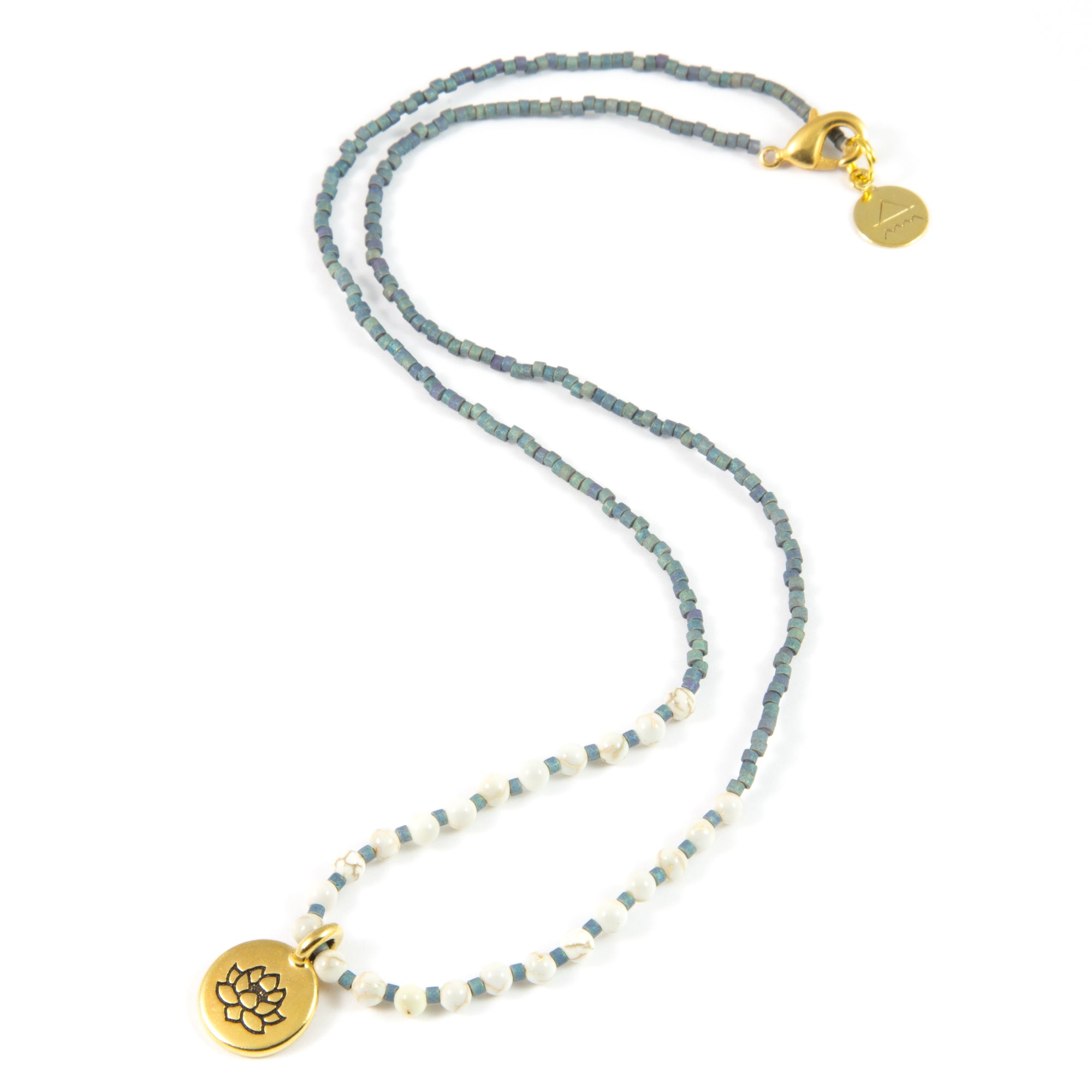 Denim w/ White Turquoise Stone Lotus Charm Necklace