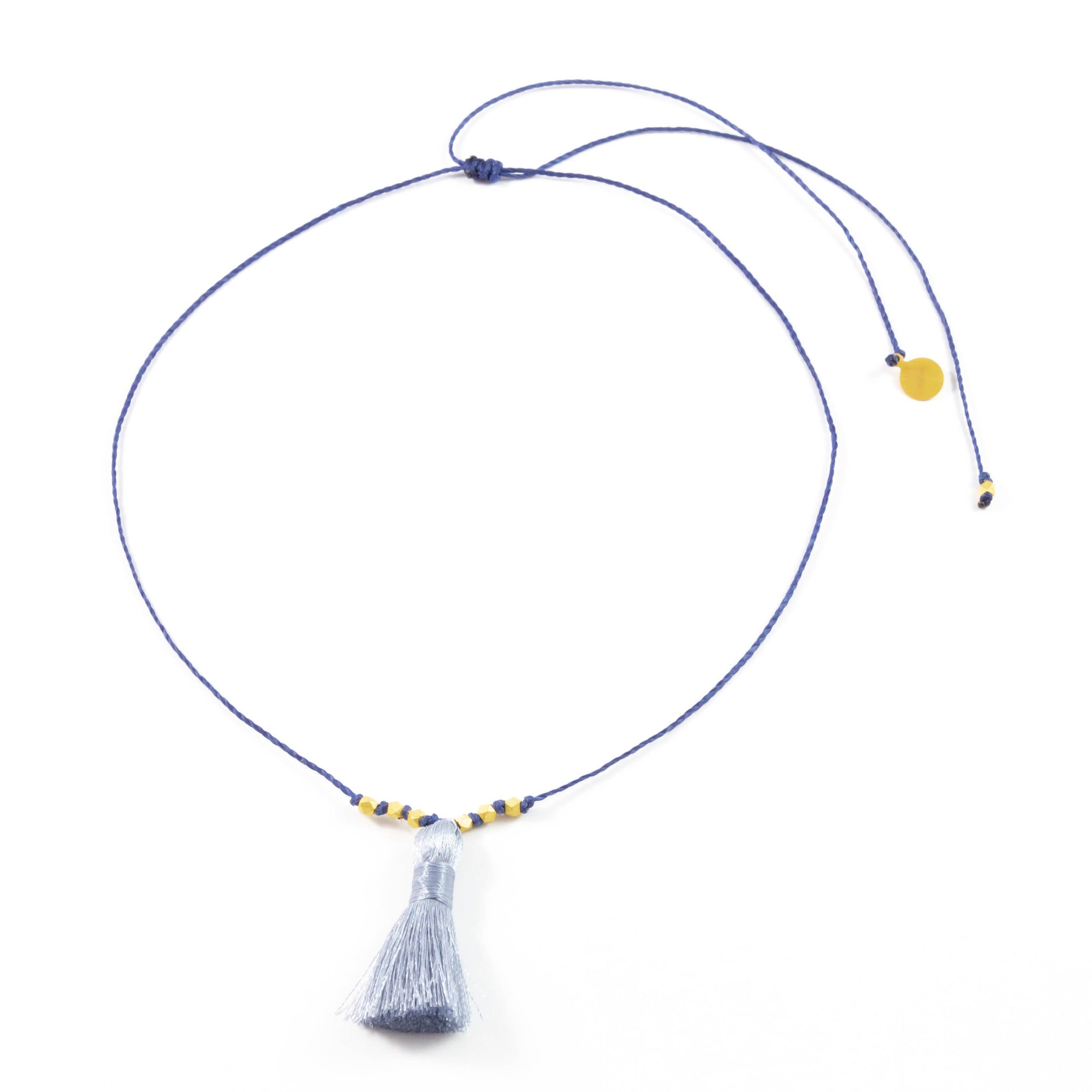 Navy w/ Denim Tassel On a String Necklace in Gold